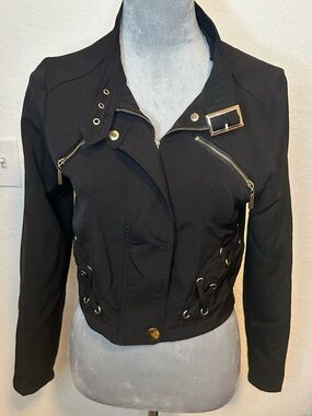 KAII Cropped Moto Jacket Black Lace Up Zip Biker Style Women’s L